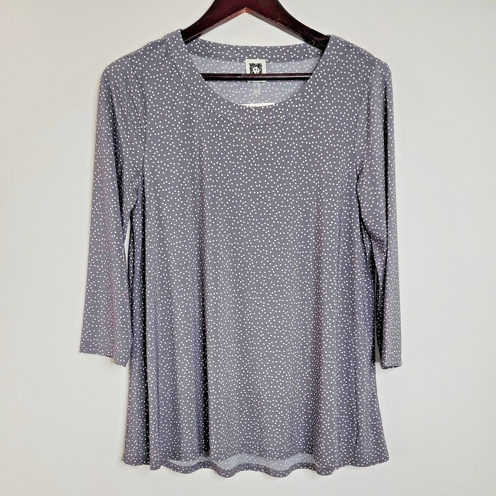Anne Klein Womens Tunic Top M Gray White Polka Dot 3/4 Sleeve Flowy NWT